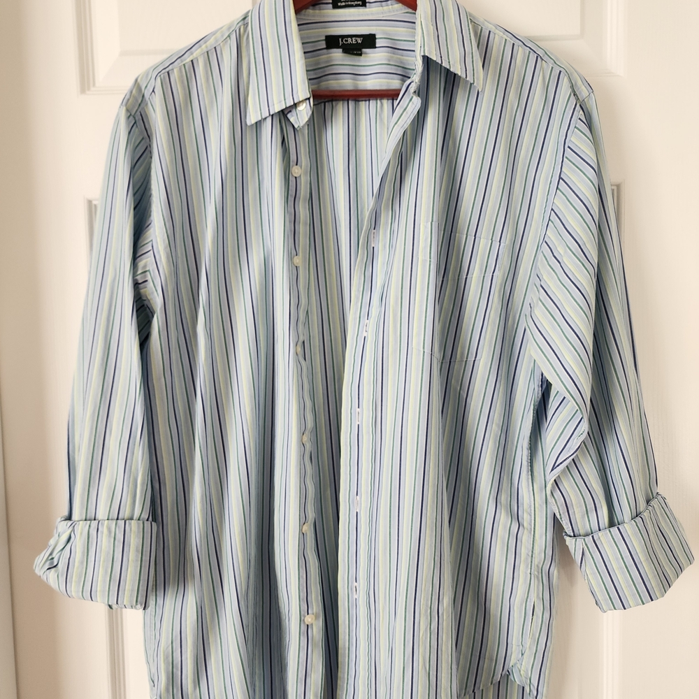 J. Crew Men's Blue and White Striped Button-Down Shirt, Size M, Office Wear
